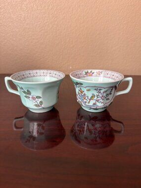 Vintage Adams Calyx Ware Singapore Bird Ironstone Teacups Aqua England Set of 2